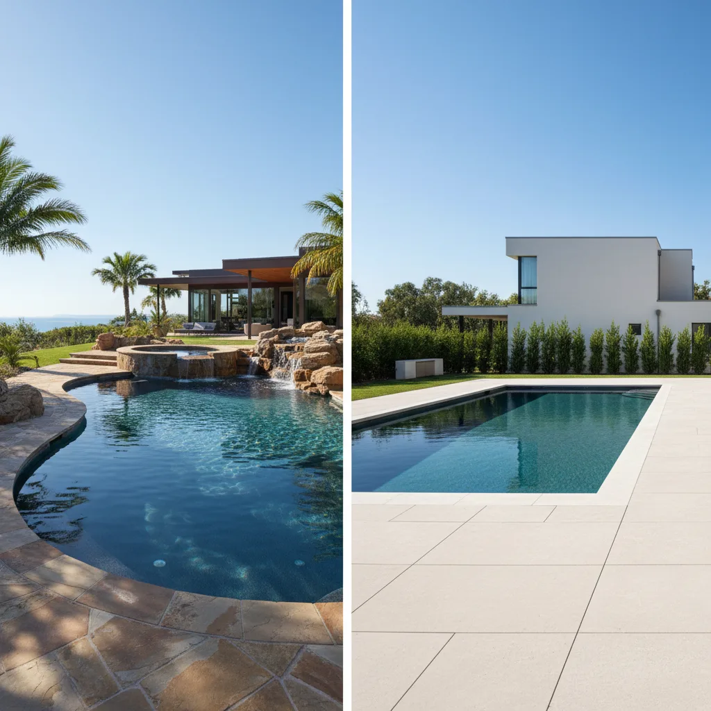Custom gunite vanishing edge pool contrasted against a simpler standard pool ,  gunite vs fiberglass comparison, Florida