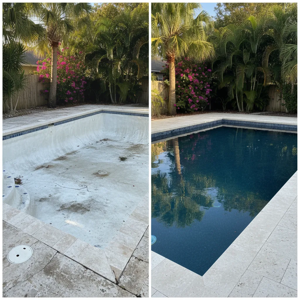Pool renovation before and after ,  chalky plaster transformed to pebble finish with new coping and deck ,  Sarasota, FL