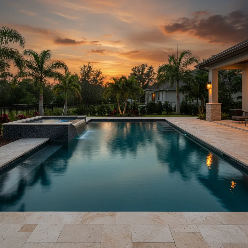 Completed custom gunite pool with spa and LED lighting at twilight in Sarasota ,  designed and built by Swim Inc.