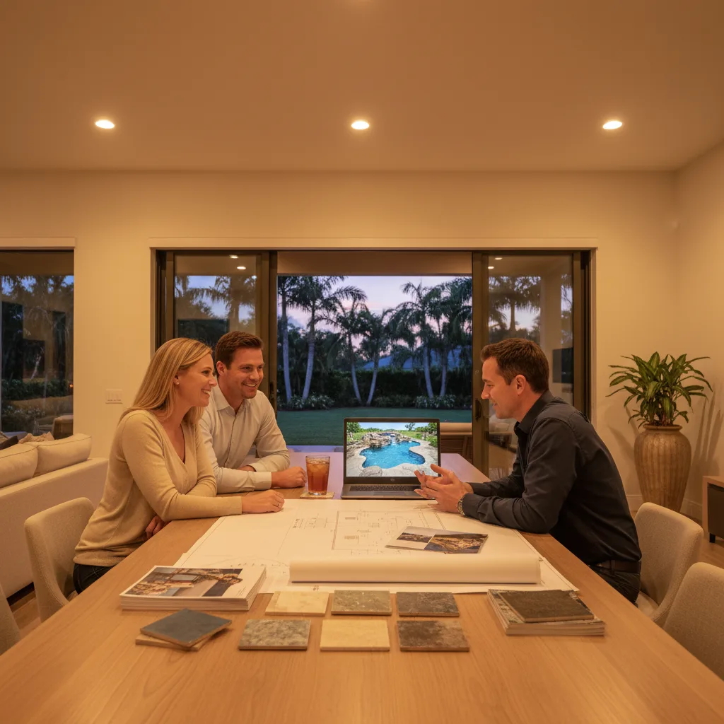 Pool designer showing a 3D rendering on a laptop at a client's kitchen table