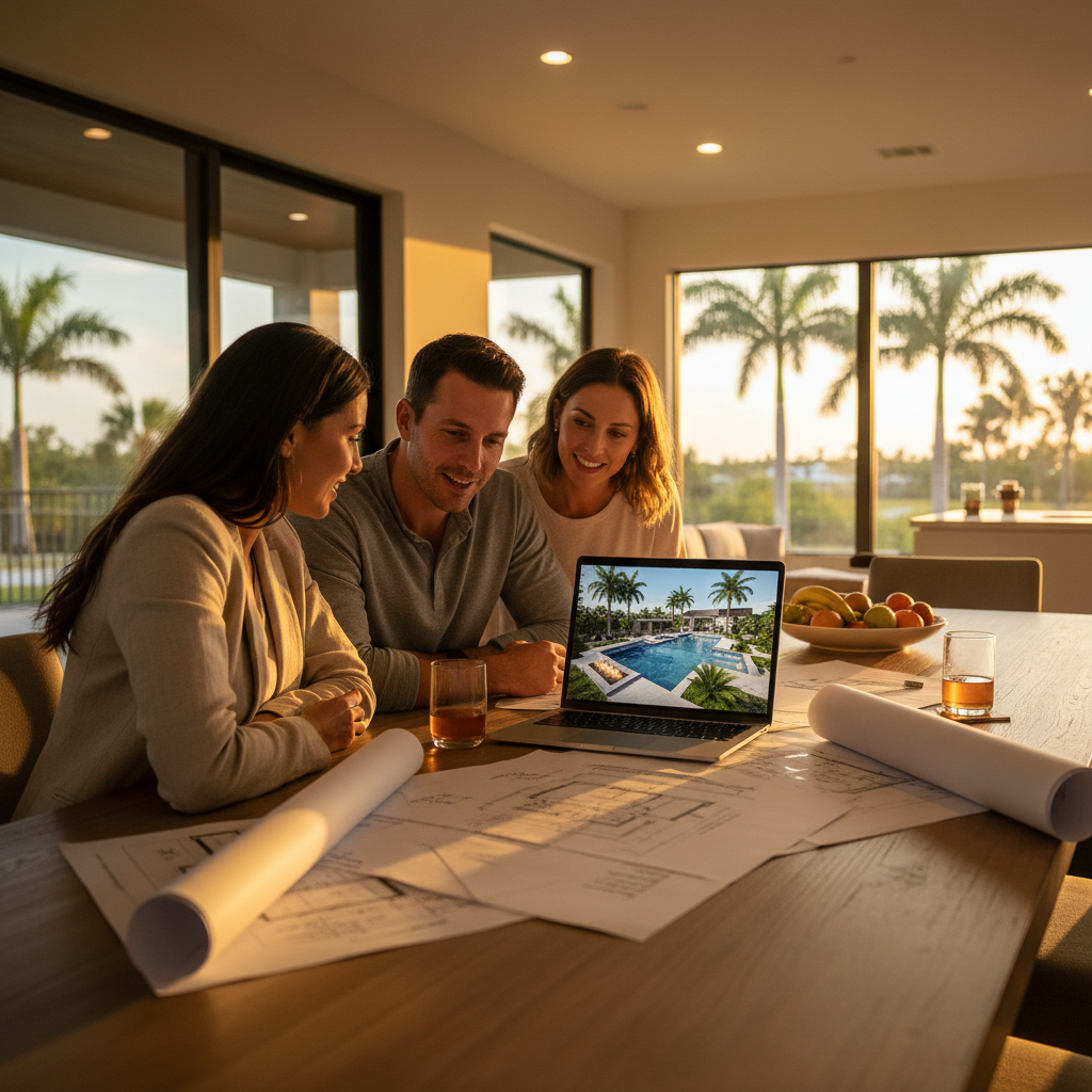 Pool designer showing a 3D rendering at a homeowner's kitchen table