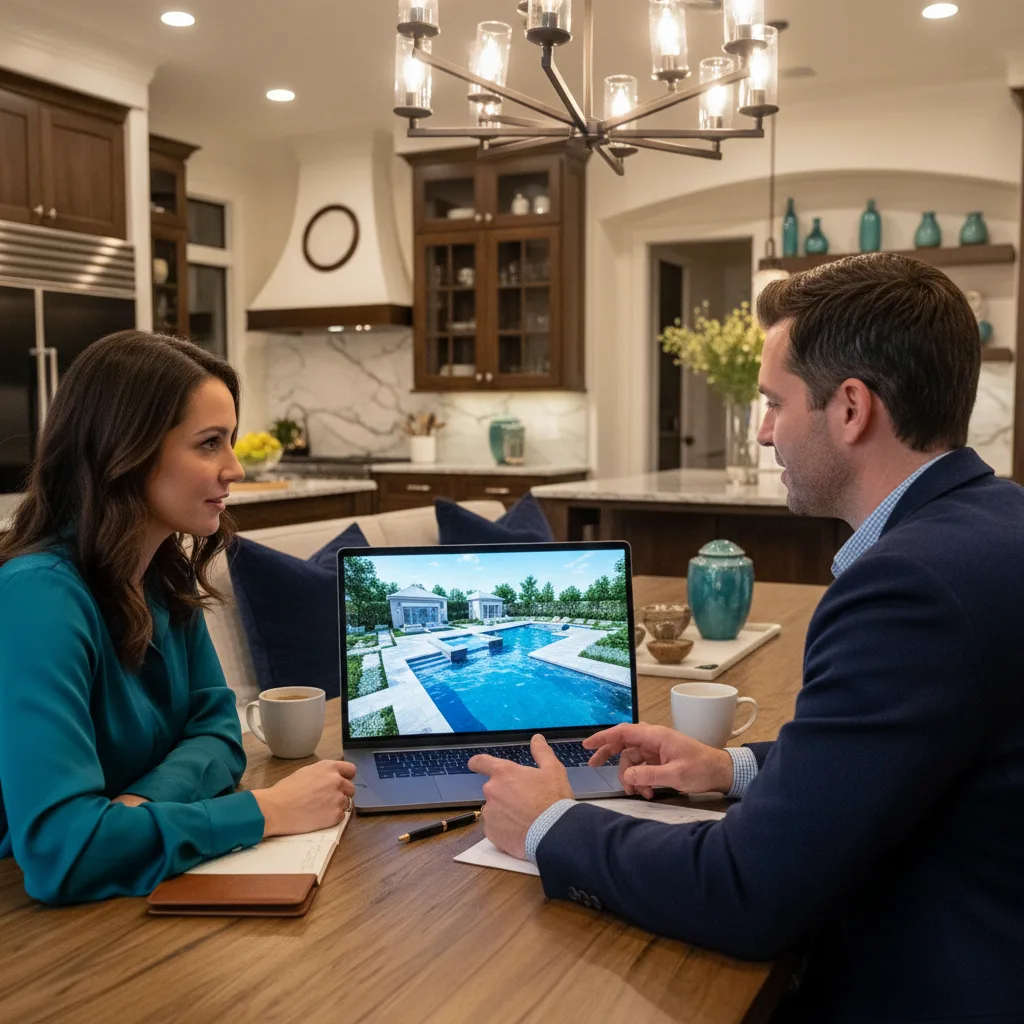 Pool designer and homeowner reviewing a 3D pool rendering on a laptop at a kitchen table