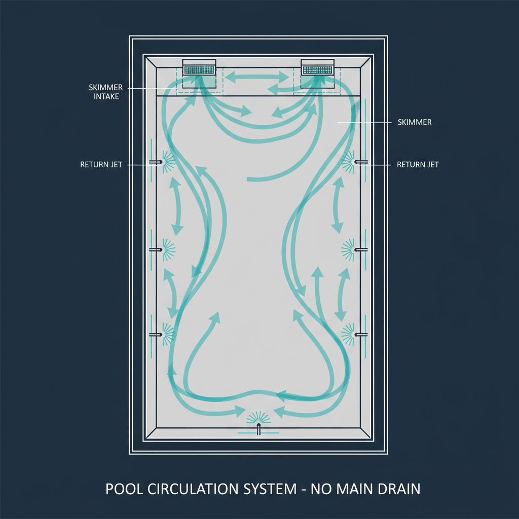 Swim-Safe circulation system diagram showing dual skimmers, fan returns, and no main drain, cross-section view with water flow paths