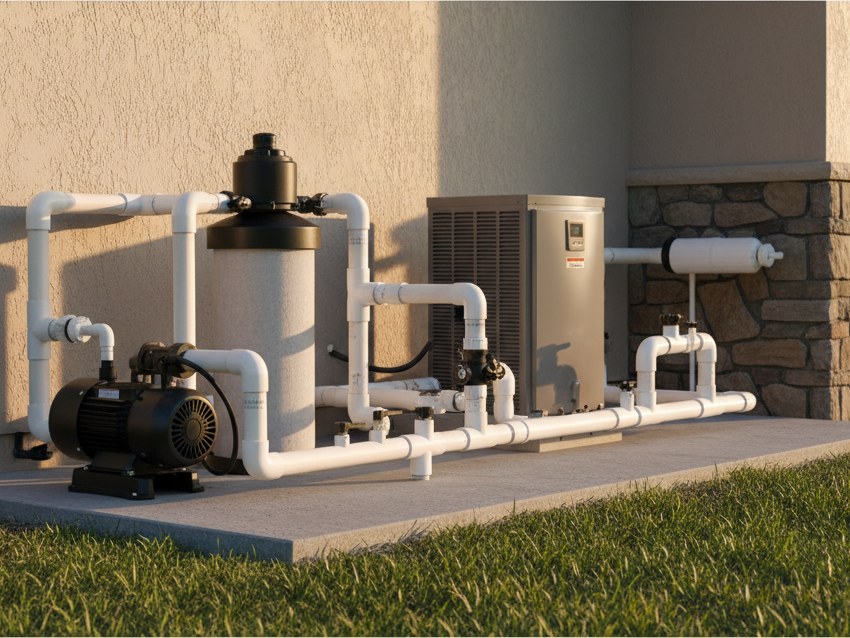 Professionally installed pool equipment pad with variable-speed pump, filter, gas heater, and valve manifold on a residential concrete pad, Swim Inc.